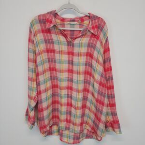 Soft Surroundings 1X Canopy Plaid Linen Tunic Shirt Button Front Textured Mature